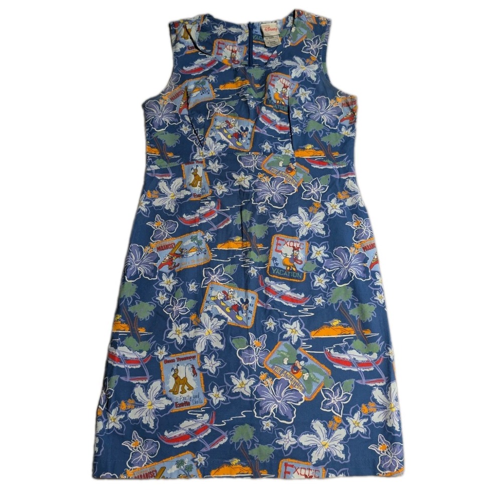 Disney Mickey Donald Goofy Pluto Hawaiian Dress Womens M Blue Tropical Aloha